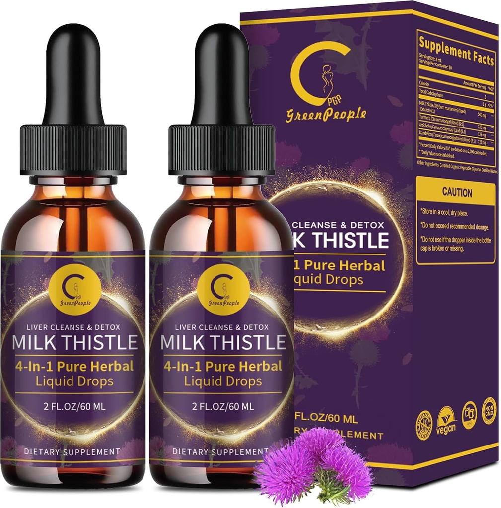 (2 팩) 밀크 이틀 액체 드롭 for Liver Cleanse Detox & Repair, Dandelion Root, Artichoke & Turmeric for Liver Support and Immune Health, Vegan, Non-GMO, 4 FL OZ