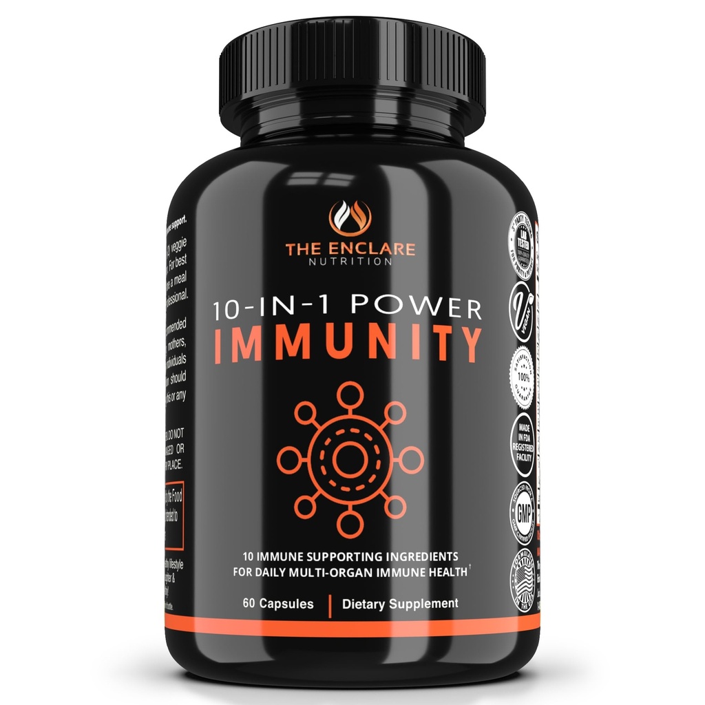 ENCLARE NUTRITION 10 in 1 Immune Support Booster Supplement with Echinacea, 비타민 C 및 아연, Turmeric, Ginger, B6, Elderberry for Adults Immunity Defense Vitamin, Made in USA Veg Cap 60 Ct (1)