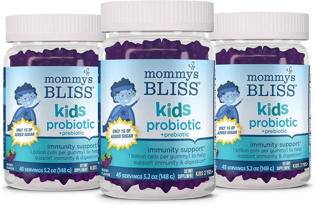 Mommy's Bliss Kids Probiotic + Prebiotic Gummies, 지원 Immunity & Digestion for Kids 2 년 +, 더 적은 설탕, Yummy Berry 맛, 45 개 (포장 3)