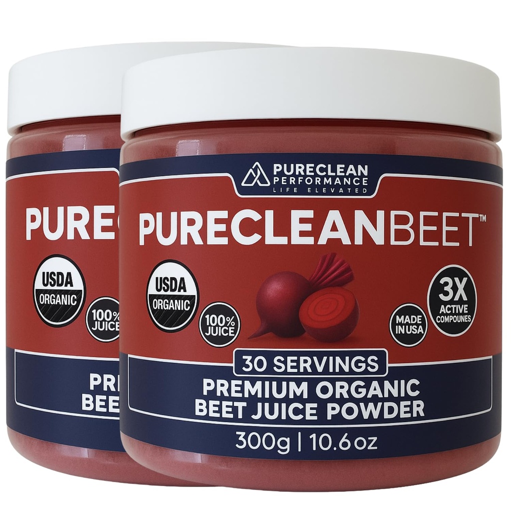 PureClean 유기 사탕 주스 분말 - 산화 질소 보충 - 100 % 미국 Grown Beets - 유기 사탕 뿌리 분말 30 서빙, 300g (2 항아리 60 서빙)