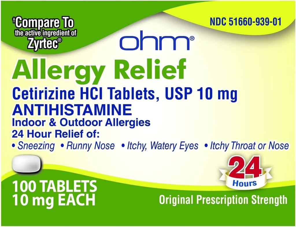 Ohm Cetirizine 10 mg 정제 - 모든 일 알레르기 완화 - 100 개 조사 - Hay Fever, Pollen, Dry Itchy Eyes를위한 항 히스타민 - 모든 일 알레르기의 효과적인 구호