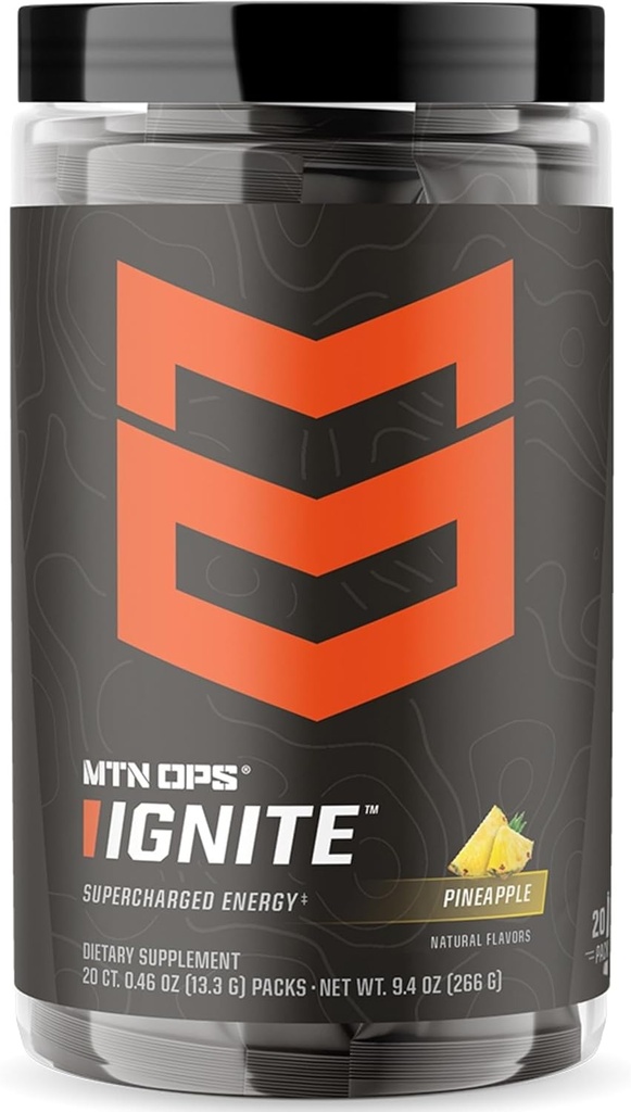 MTN OPS Ignite 트레일 팩 에너지 음료 분말, 글루텐 자유로운 Nootropic 보충교재 음료 혼합, L 아르기닌, L Citrulline, 카페인 & Nootropic 설탕 자유로운 음료 혼합, 20의 서빙, 파인애플 으깸