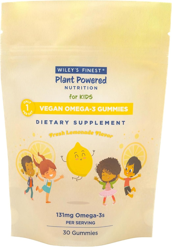 Wiley의 Finest Kids Vegan Omega-3 Gummies - 천연 설탕 - 채식 DHA, ALA 및 SDA - 글루텐 무료 - 레몬 맛, 30 구미