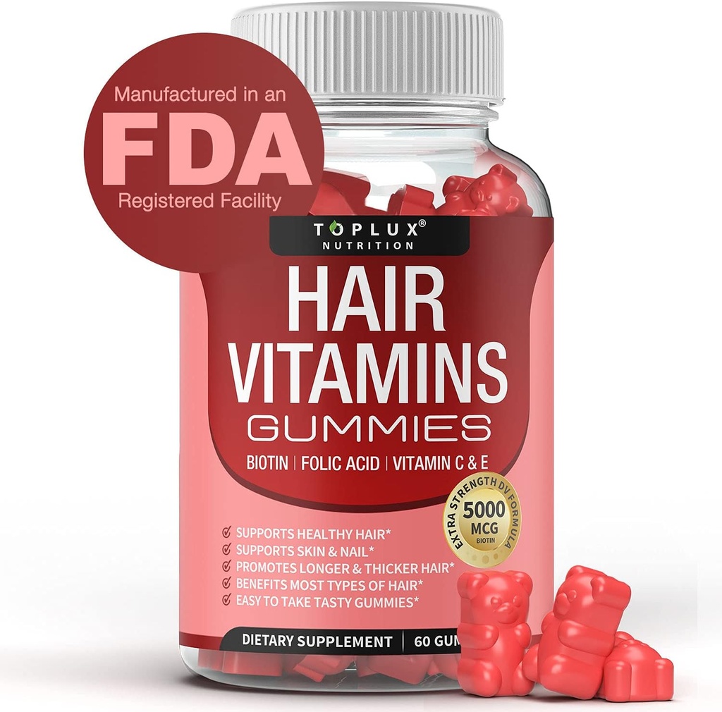 머리 비타민 여자 & 남자를 위한 Gummies 보충교재 – 머리 성장 비타민 5000mcg Biotin Gummies, Folic 산, 비타민 C & E의 지원 더 강한 & 더 두꺼운 머리, 피부, 못, 60 조사를 위한 비 GMO Vegam