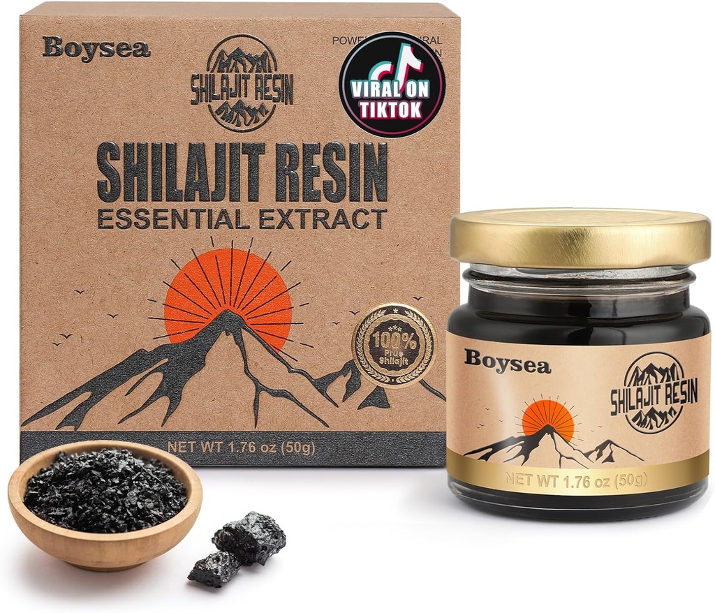 Boysea Shilajit Resin | 600 mg 80+ 서빙| 85+ 서빙 미네랄 & 75 % + 초점 및 에너지를위한 풀빅 산| Zero Sugar| 골드 그레이드 순수 Shilajit 남성 및 여성 - 1.76 Oz