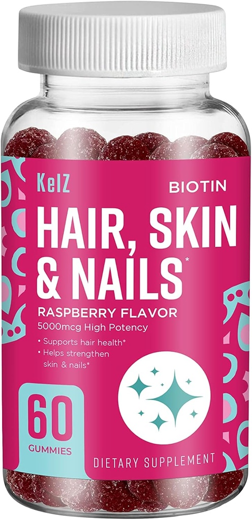 KelZ Biotin 머리, 피부 & 못 보충교재 Gummies, 라즈베리 맛, 60의 조사 (1의 포장)