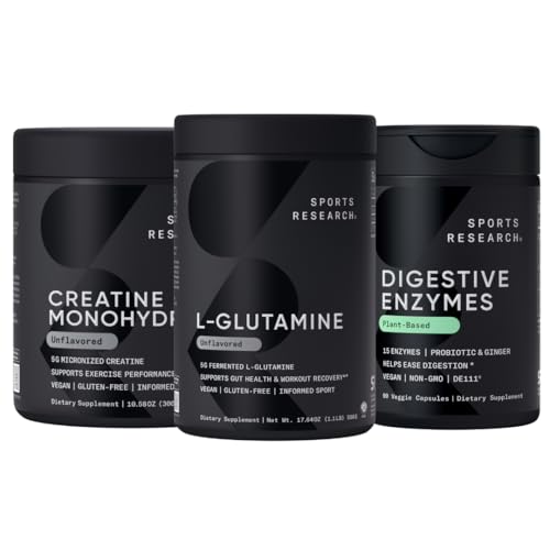 스포츠 연구 L 글루타민 (100 인분), 크레아틴 Monohydrate (60 인분) 및 Probiotics & Ginger (90 인분)가있는 소화 효소 - 모든 Non-GMO Verified, Vegan & Gluten Free