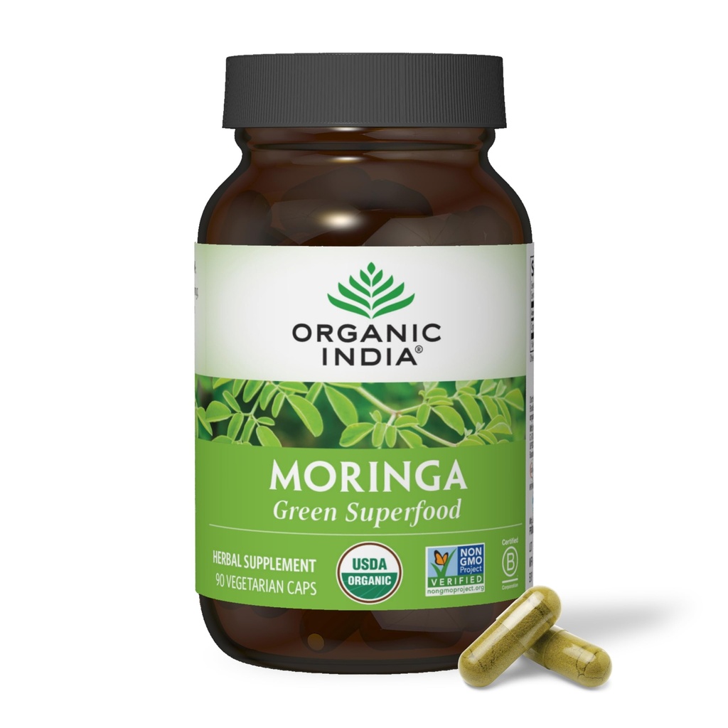 ORGANIC INDIA Moringa 캡슐 유기 - Moringa 보충 - 녹색 Superfood, Moringa 잎 캡슐, 순수한 Supergreen, Vegan 녹색, 자연의 Multivitamin, Vegan, 글루텐 - 무료 90 캡슐