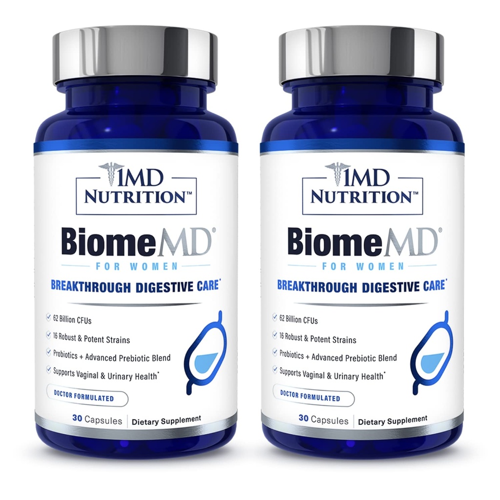 1MD 영양 BiomeMD Probiotics for Women - 62 억 CFUs, Prebiotics가있는 16 Strains | Vaginal & Urinary Health - 의사 공식화 된 | 30 캡슐 (2 팩)