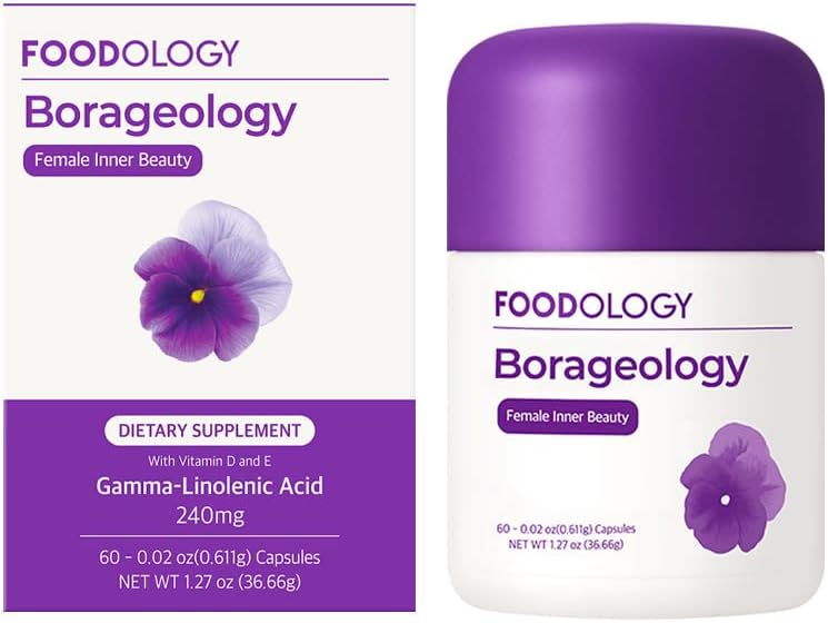 FOODOLOGY Boraology (60 Softgels, 30 일) - 순수한 붕대 기름, 비타민 E & D3를 가진 GLA 240 mg. Premenstrual Discomfort, 건강한 피부 & Hormonal 균형을 위한 식물 기초 오메가 6 지방산 보충교재.