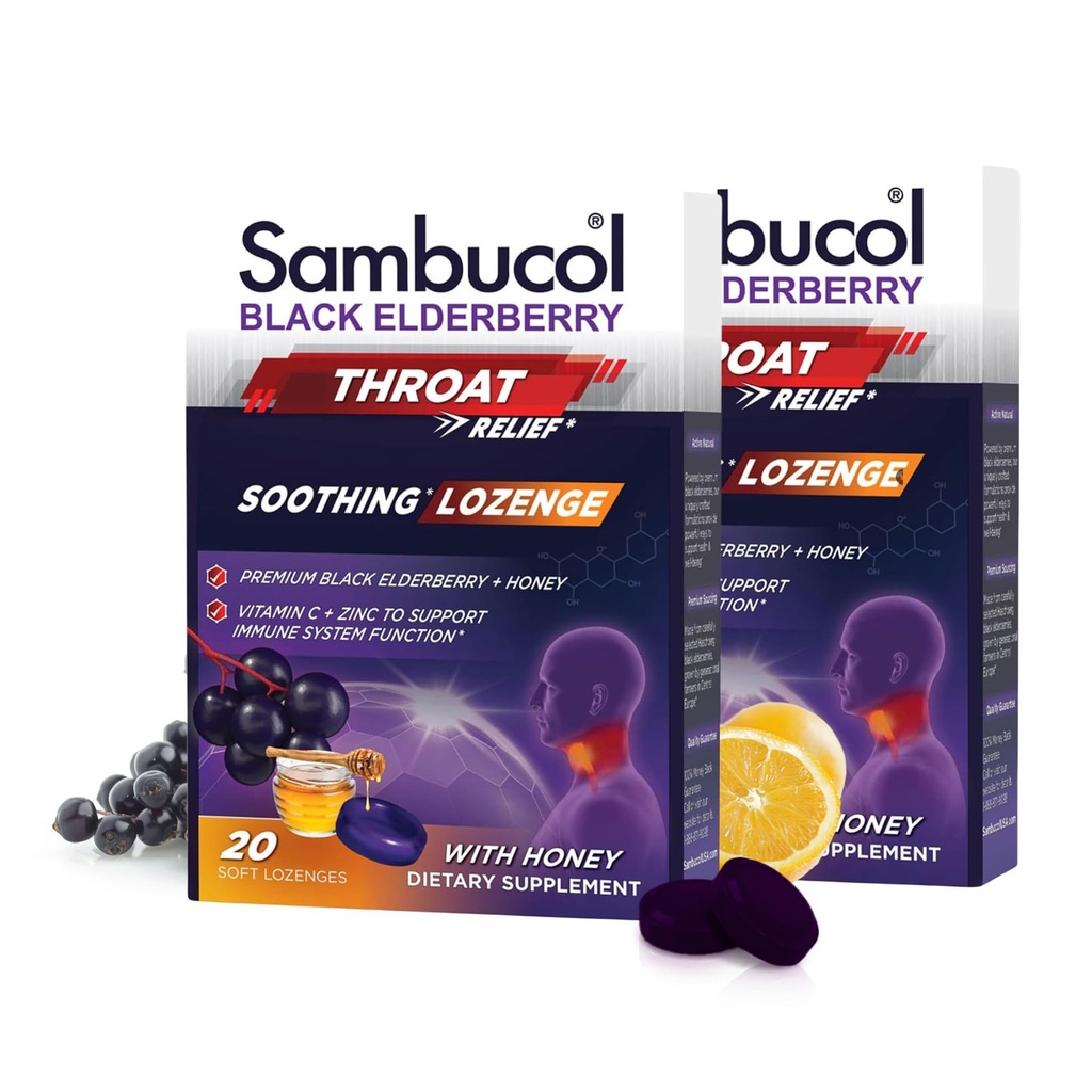 Sambucol Black Elderberry Throat Lozenge - 꿀, 비타민 C 및 아연, Elderberry Lozenges Sore Throat & Cough, Soothes Scratchy Throat, 지원 Immunity, Soft & Chewy - 20 카운트, 2-Pack