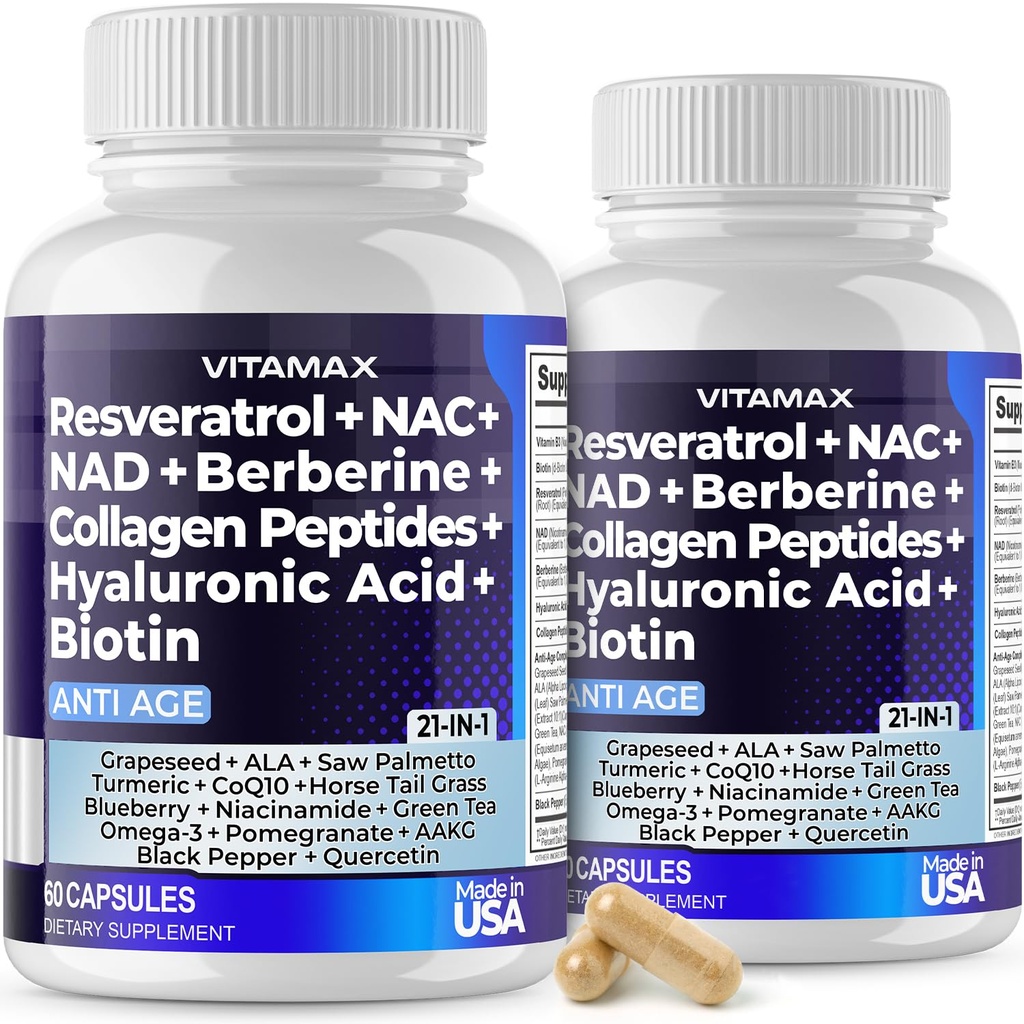 Vitamax Resveratrol NAD+ Berberine Hyaluronic 산 - Biotin 포도 & Blueberry + NAC - 교원질 펩티드 - 머리, 못, 피부 & 합동 보충교재 - 21에서 1 여자와 남자 - 미국에서 만드는 - 120 조사