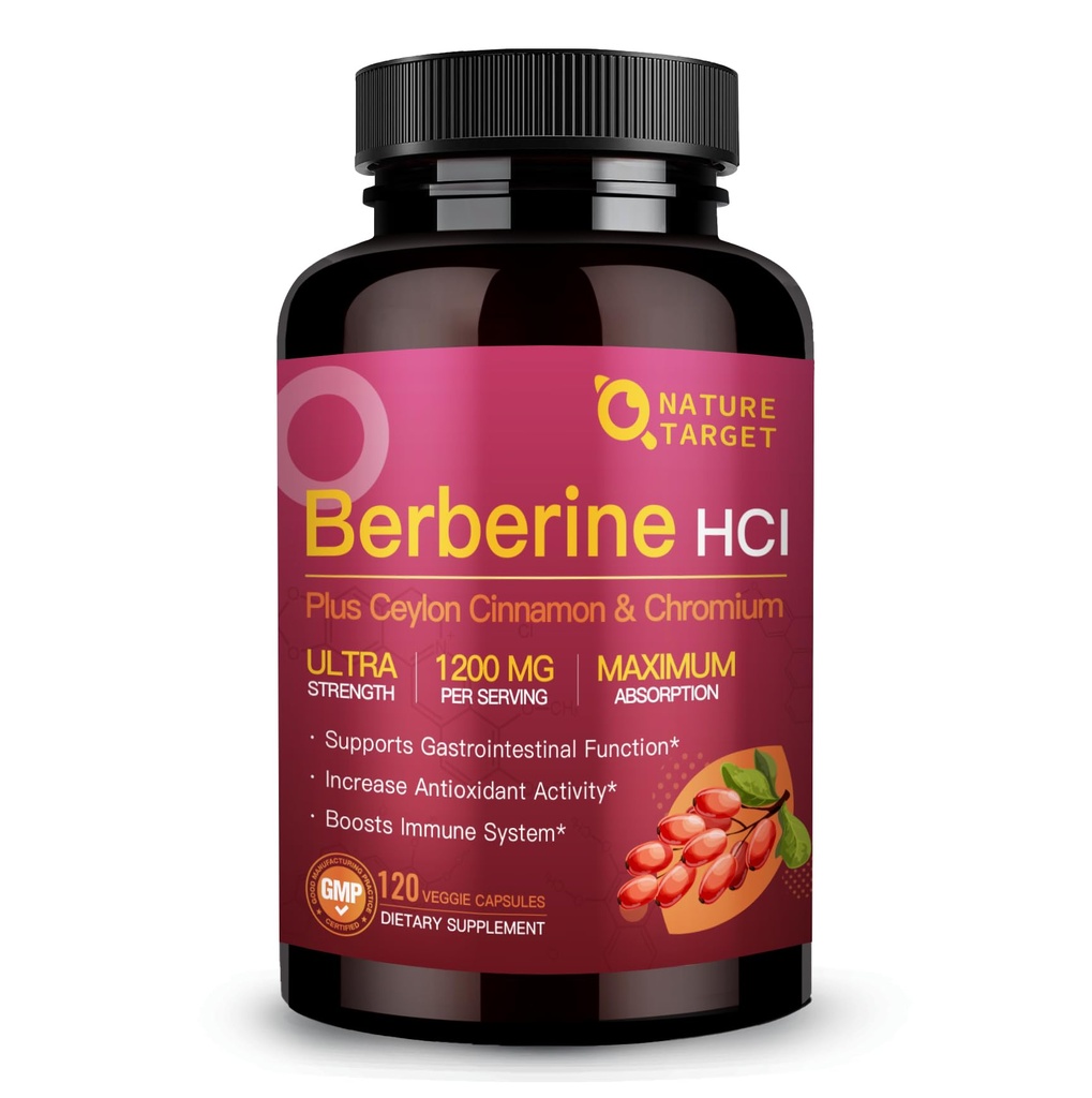 NATURE TARGET Berberine HCl 1200mg, Ceylon Cinnamon, Chromium와 Berberine 보충 - 면역, 위장 및 심장 건강, 비 GMO, 120 캡슐 지원