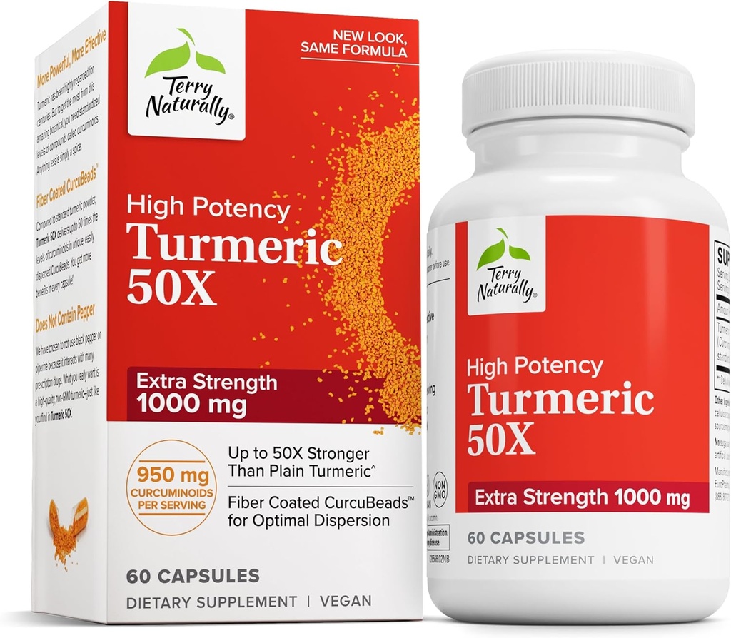 Terry Naturally Turmeric 50X - 뇌 및 심장 건강 지원을위한 다이어트 보충 - 추가 강도 심황 - 비 GMO 보충 - 60 캡슐