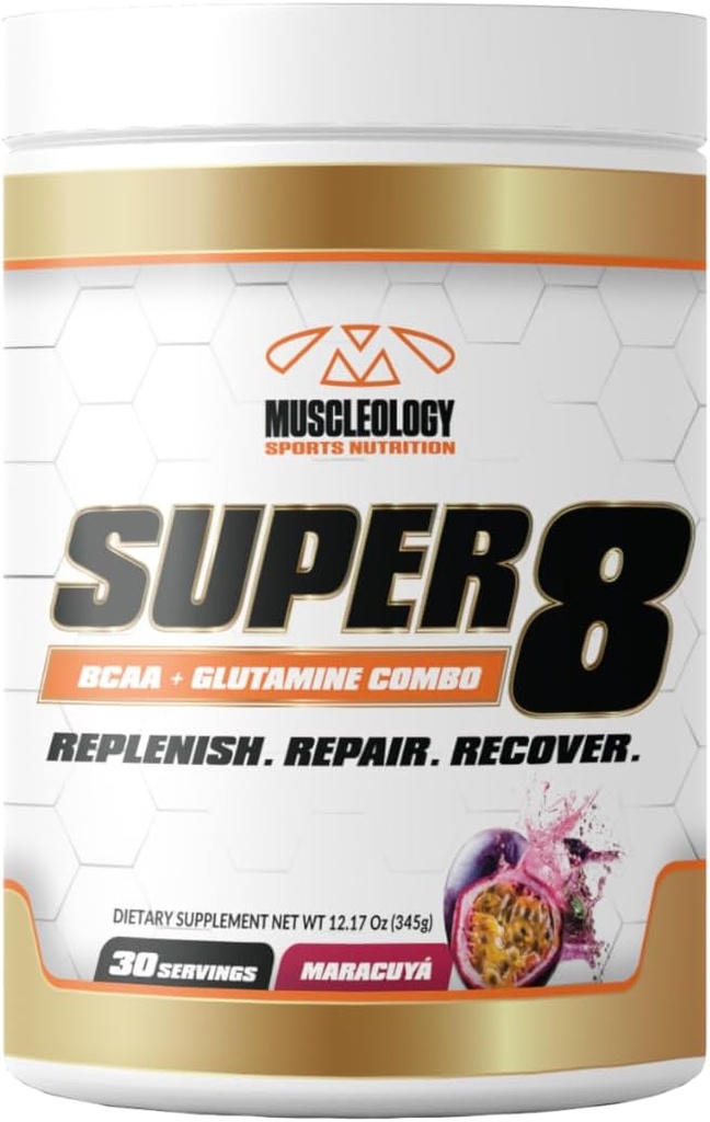 MUSCLEOLOGY 슈퍼 8 고성능 BCAA, 전해질 & 글루타민 혼합 공식 - 포스트 운동 회복 및 근육 건물 보충교재, 30 서빙 (마라쿠야)