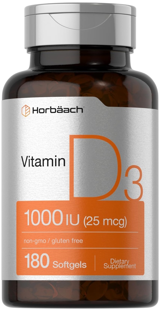 Horbäach 비타민 D3 1000IU (25mcg) Softgels | 180 조사 | 높은 효능 공식 | 비 GMO & 글루텐 무료 보충