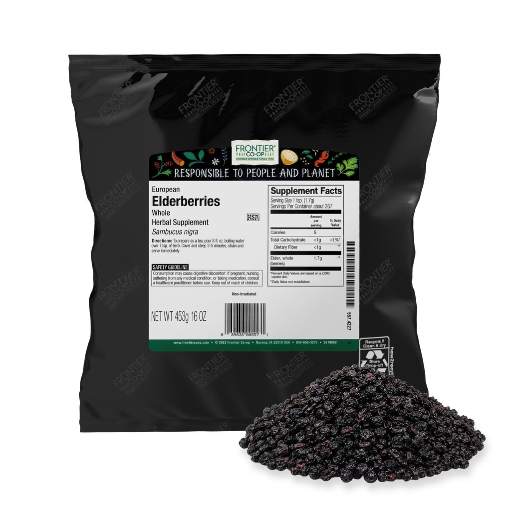 Frontier Co-op는 Elderberry, 2lb 대량 부대, 전체적인 버클을 말렸습니다 - Elderberry 분말, 차 및 시럽을 위한 고저 그리고 비 GMO에 의하여 말린 과일