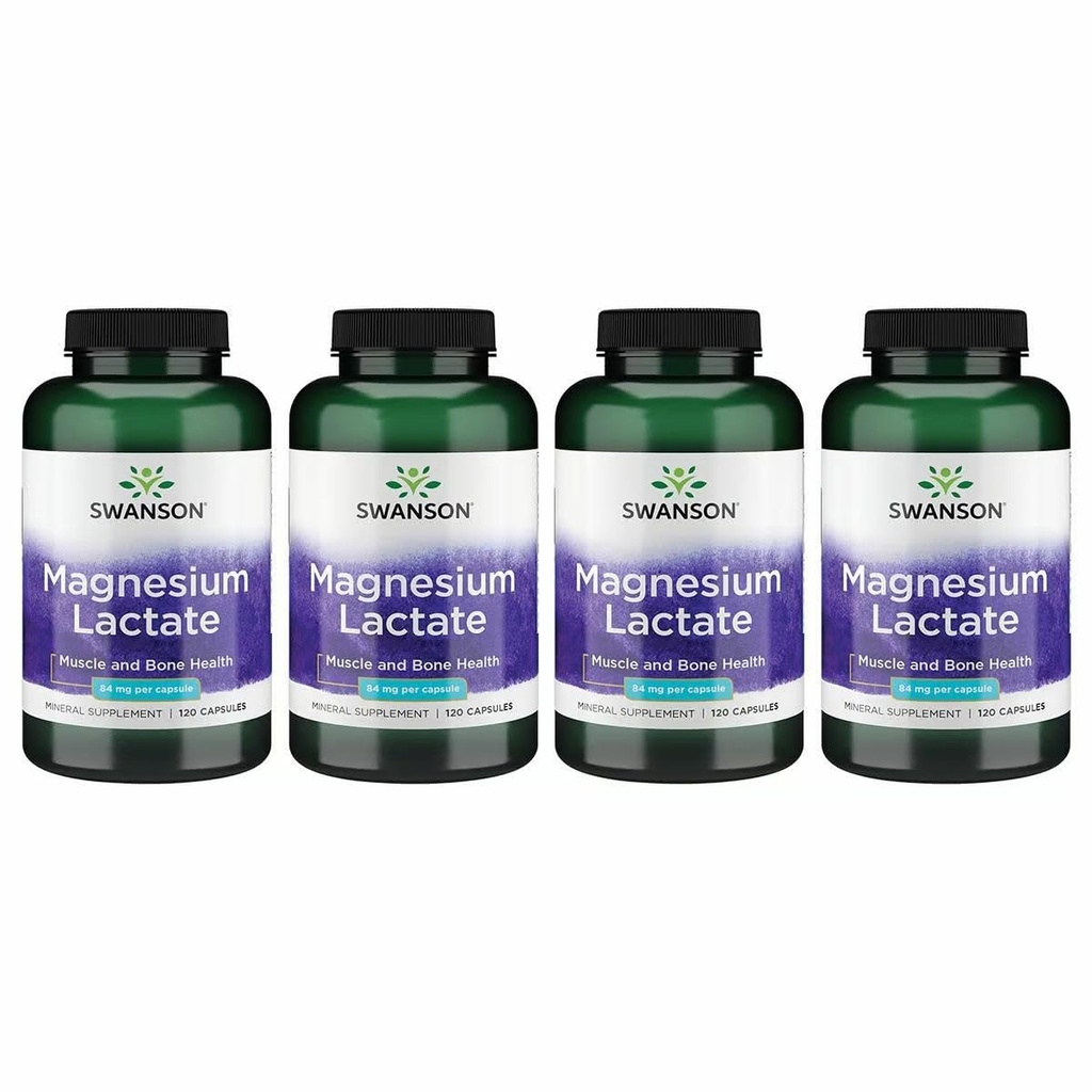 Swanson Magnesium Lactate - 근육과 뼈 건강 지원 촉진 - Gentle Absorption 용 Lactose-Free Lactate Mineral Form - (120 캡슐, 84mg 각각) 4 팩