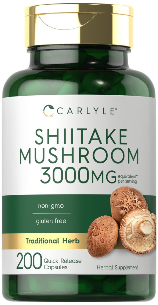 Carlyle Shiitake 버섯 추출물 | 3000mg | 200 캡슐 | 비 GMO, 글루텐 무료