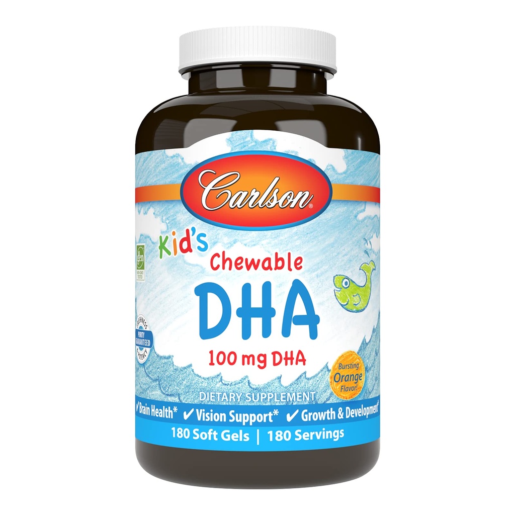 Carlson - Kid의 Chewable DHA, 100 mg DHA, 뇌 건강, 시각 기능, 성장 & 발달, 오렌지, 180 Chewable Softgels