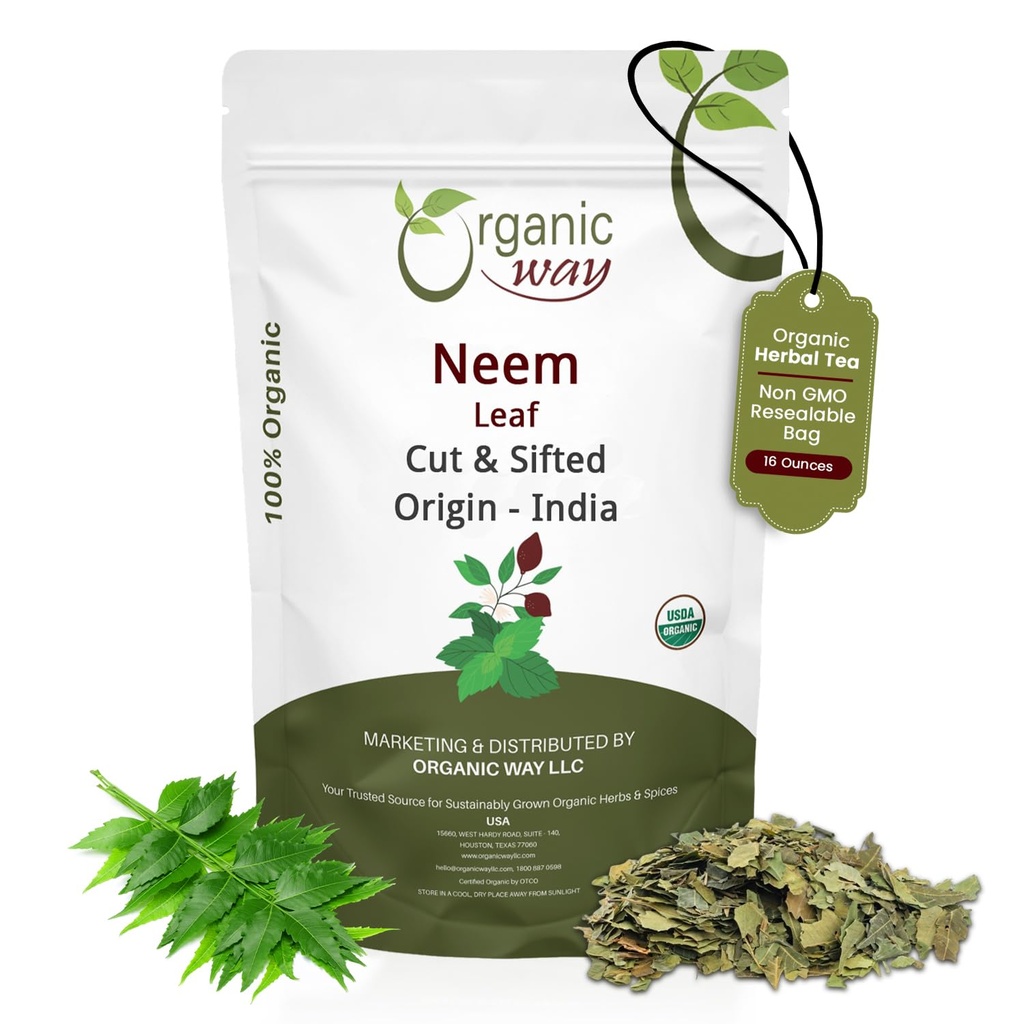 Organic Way Neem Leaf Cut and sifted | 허브티 | 프리미엄 네엠 리프 | USDA 인증 | 비 GMO 및 글루텐 무료 | 원산지 - 인도 (16 oz - 1 파운드)