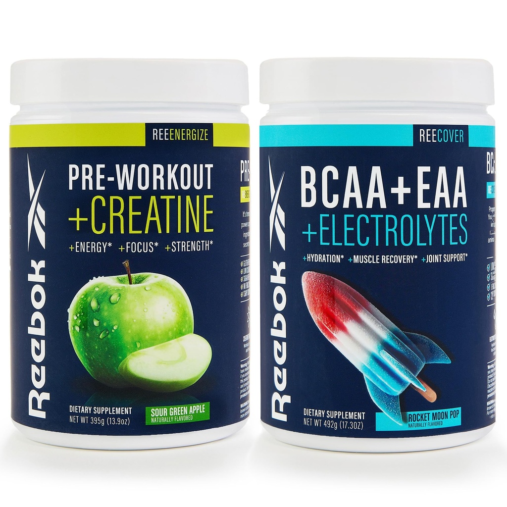 Reebok REEEnergize & REECover Bundle | 사전 운동 + BCAA 성능 팩 | Sour Green Apple & Rocket Moon Pop | 완전한 교육 시스템