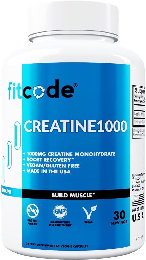 Fitcode Creatine1000, 각 서빙에 있는 순수한 Creatine Monohydrate의 1개 그램, Veggie 캡슐 (30 서빙)