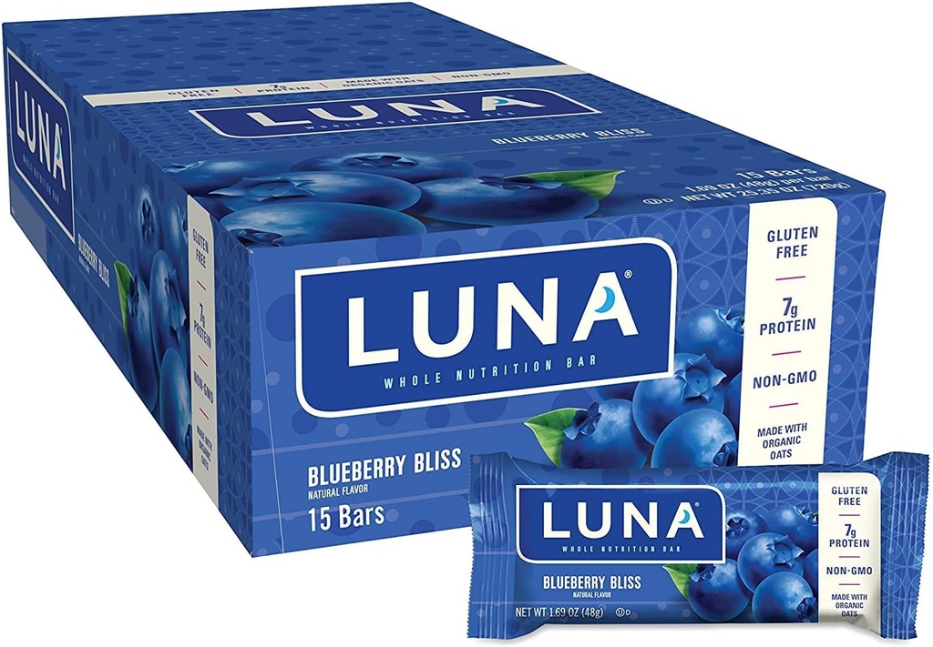 LUNA BAR - 글루텐 무료 스낵 바 - 블루베리 블리스 풍미 - 단백질의 7g - 비 GMO - 식물 기반 Wholesome 스낵 - Go Snacks (1.69 Ounce 스낵 바, 15 카운트)