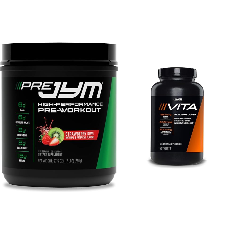 JYM 보충 과학 PRE JYM 30 서빙 - Strawberry Kiwi & tamin & 광 지원, 비타민 A, C, B6, B12, E, K, Boron, Biotin, 칼륨 60 정제