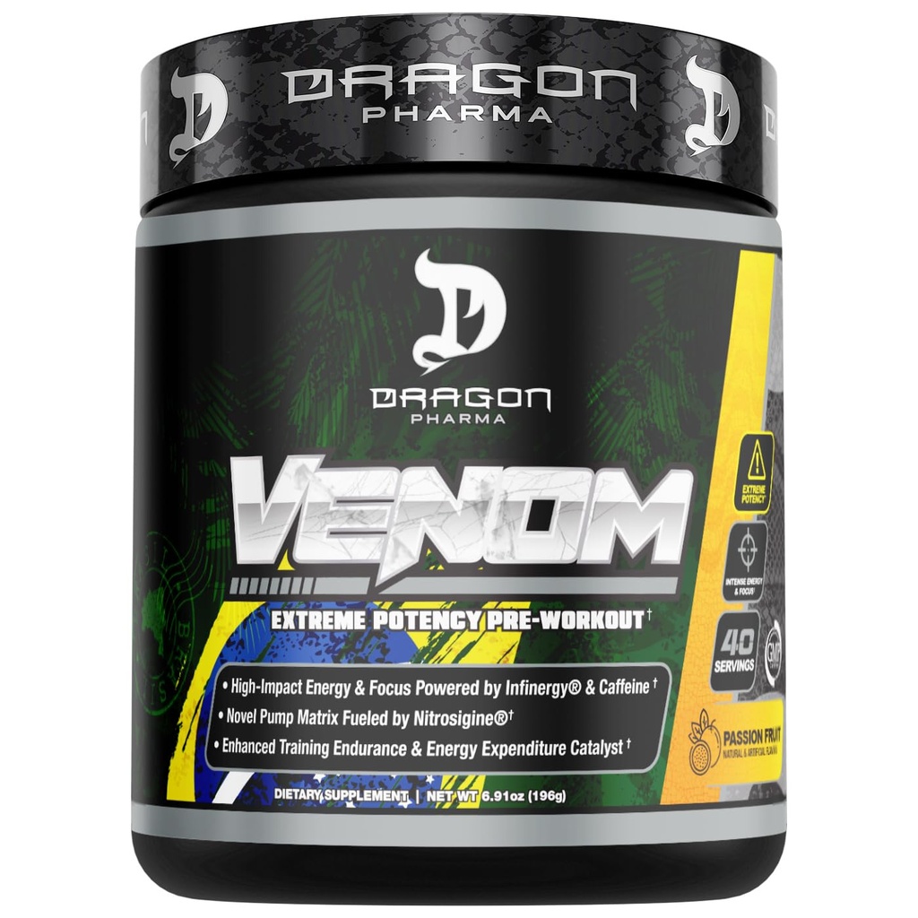 DRAGON PHARMA Venom Extreme Potency Pre-Workout, Laser Sharp Focus + Energy, Intense Performance, 향상된 Vasodilation 및 Endurance (40 서빙, 열정 과일)을위한 입증 된 성분