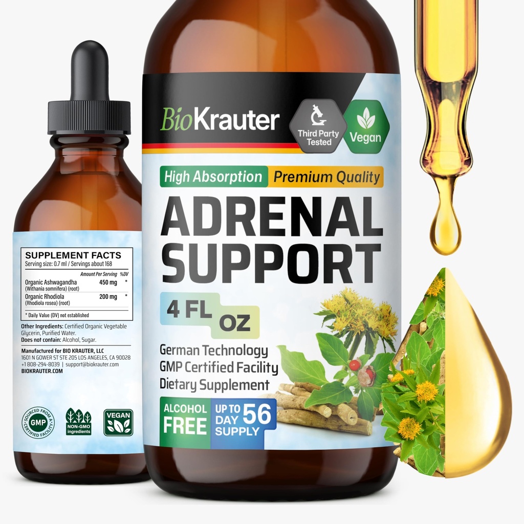 BIO KRAUTER Adrenal Support Tincture - Rhodiola & Ashwagandha 보조 식품 - Vegan Mood Support Drops 4 Fl.Oz.