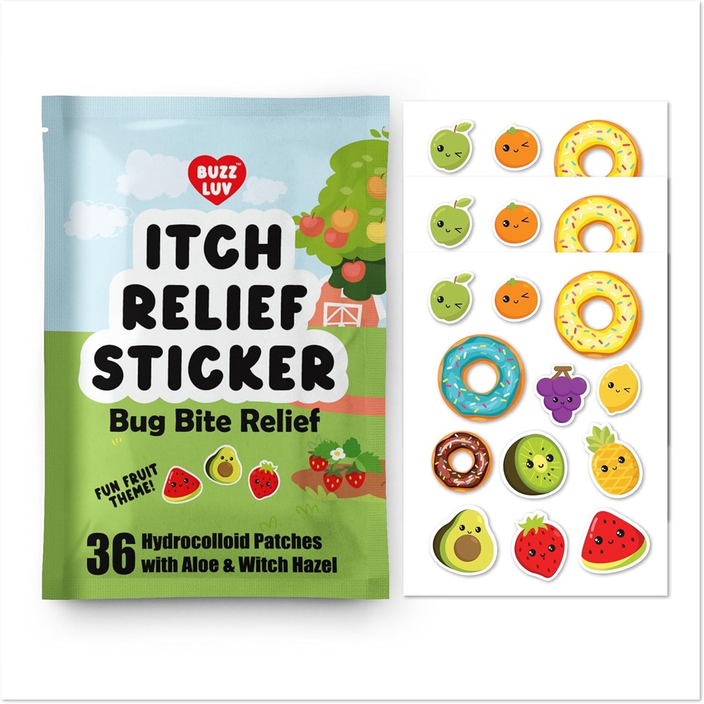 Hydrocolloid Itch Relief Patch, Mosquitos, Ticks, Midges, Sandfly Bug bite Relief, Aloe 및 Witch Hazel, Insect bite Relief, Kid-Friendly, 자연 과일 테마와 안티 아이 쳐 패치