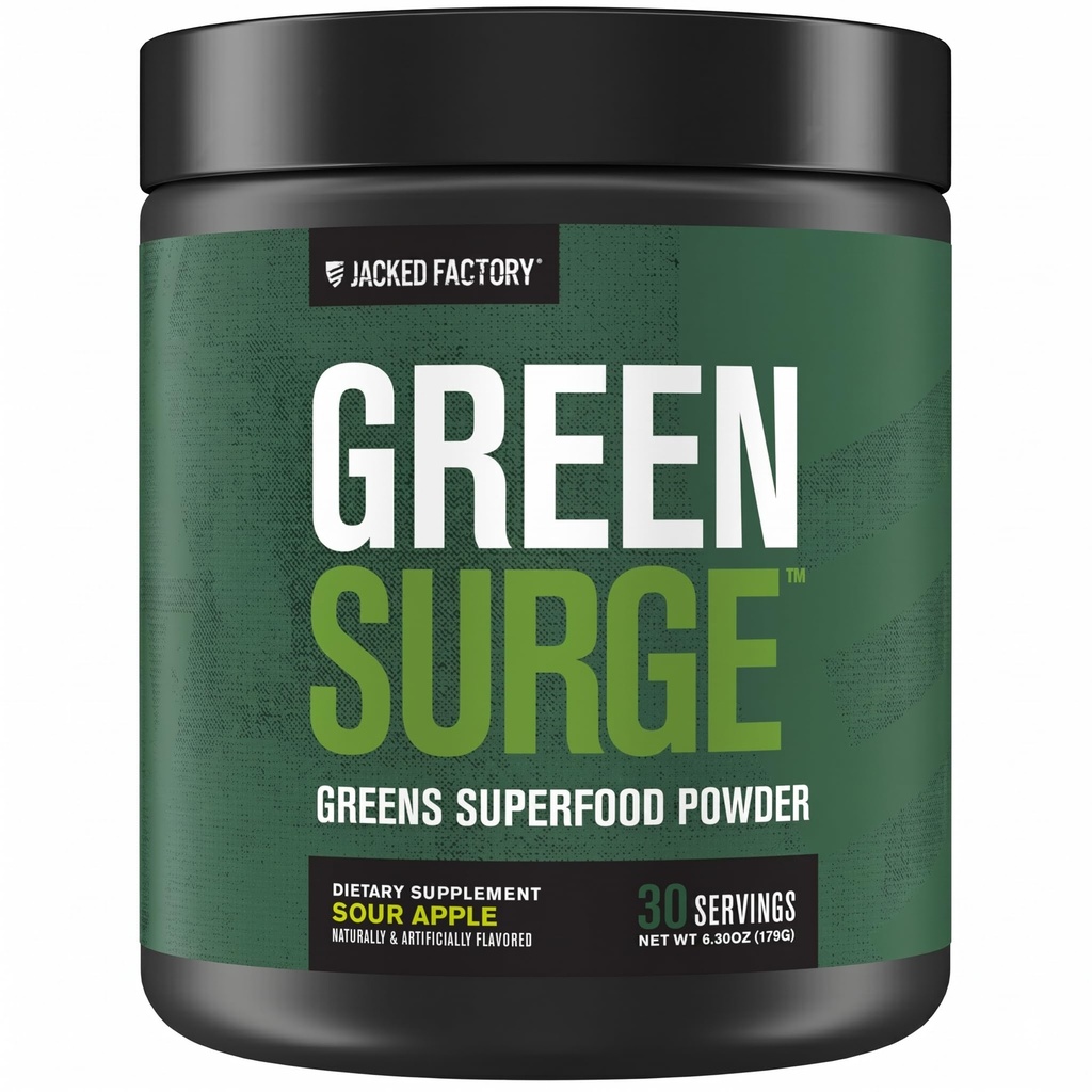 Jacked Factory Green Surge Green Superfood Powder- Keto Friendly Greens 음료 w/Spirulina, 밀 & Barley Grass, 유기농 그린 - 녹차 추출물, Probiotics & Digestive Enzymes - Sour Apple