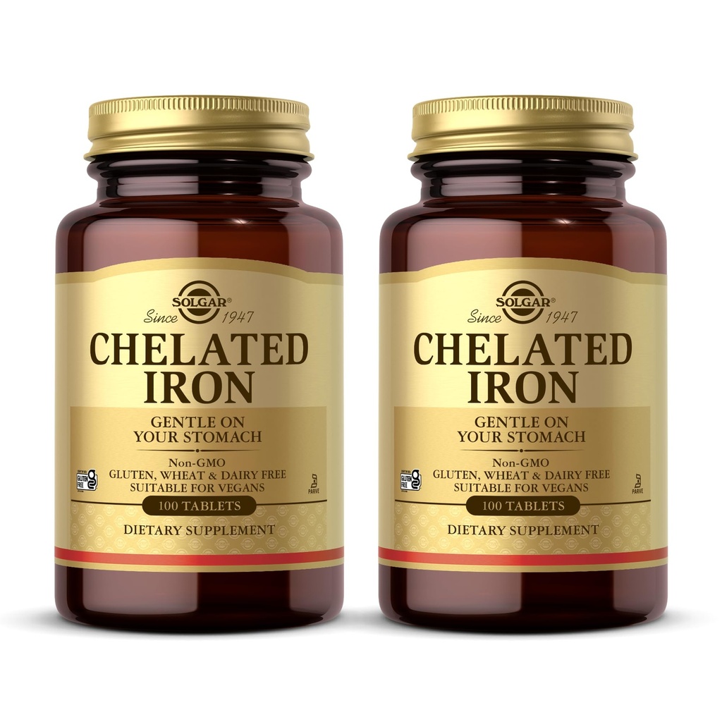 Solgar Chelated Iron - 100 Tablets, Pack of 2 - Stomach - Non-GMO, Vegan, Gluten Free, Dairy Free, Kosher - 200 Total 서빙