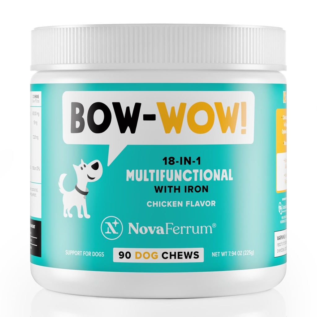 NovaFerrum Bow Wow | 18-in-1 다기능성 철 보충물|혈병의 혈액 지원 | 글루코사민 | 프로바이오틱스 | 산화방지제 | 치킨 맛 | 90 Chews