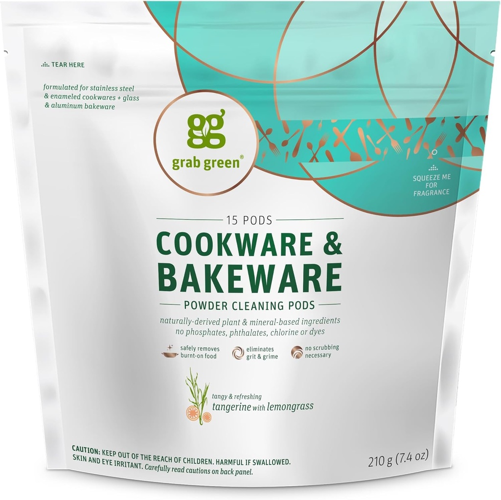 Green Cookware 및 Bakeware Cleaner Pods, 15 Pods, Tangerine Lemongrass Scent, Plant 및 Mineral Based를 잡아서 Burnt-On Food를 제거하십시오. Stains를 제거하십시오.