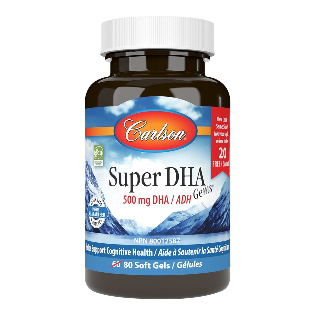 Carlson - 슈퍼 DHA Gems, 500 mg DHA 보조 식품, 640 mg 지방산, 야생 겁에 질린 노르웨이 Arctic Fish Oil Concentrate, 지속 가능한 Sourced Nordic Fish Oil 캡슐, 60 + 20 Softgels