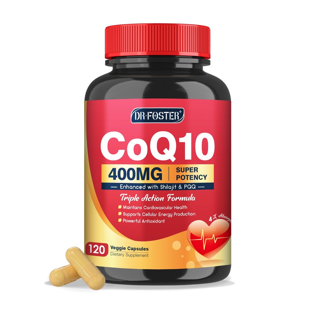 DRFOSTER CoQ10 400mg-High 흡수 Coenzyme Q10는 PQQ, Shilajit & 비타민 E의 심장 & 뇌 건강 및 에너지 생산 120 Veggie 캡슐을 위한 강력한 산화 방지제를 가진 보충합니다