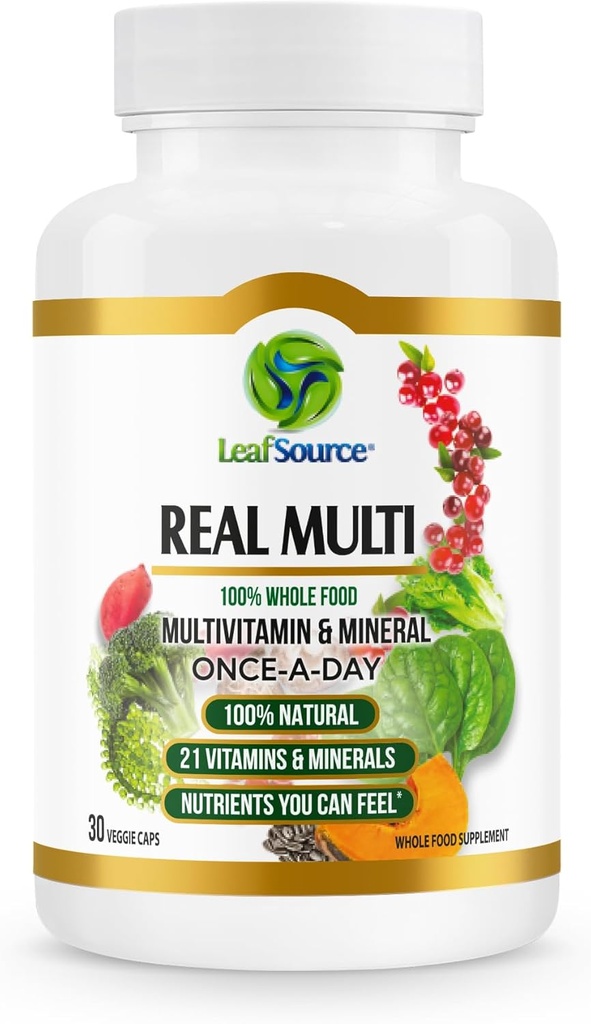 LEAFSOURCE Real Multi, Multivitamin Whole Food Supplement - Real Food에서 만든 21 비타민 및 미네랄. Vegan, Real Fruits Veggies & Whole Foods (30 vcap)에서 만든 식물 기반 영양소