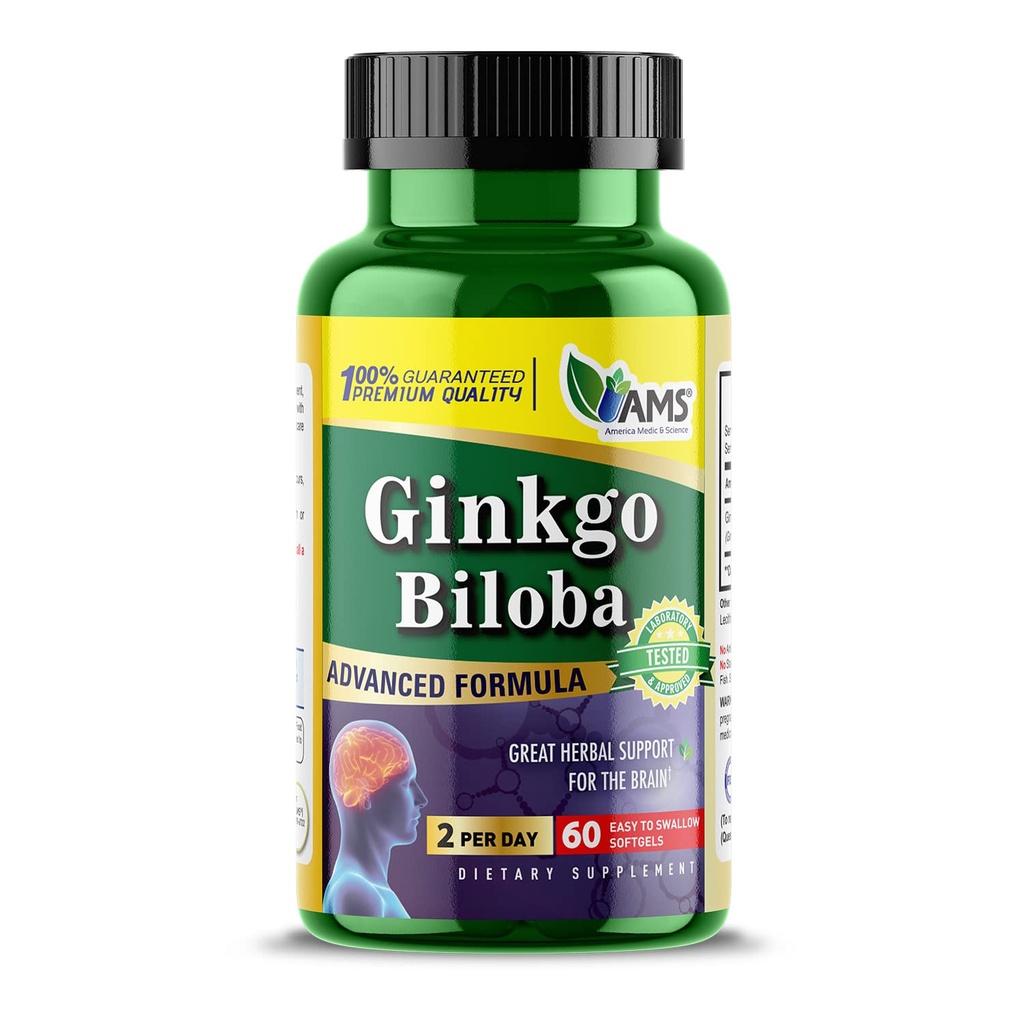 America Medic & Science Ginkgo Biloba 60mg (60 Softgels) | 남자와 여자를 위한 뇌 승압기 보충교재 | 초본 잎 추출물을 가진 마음 증강 인자