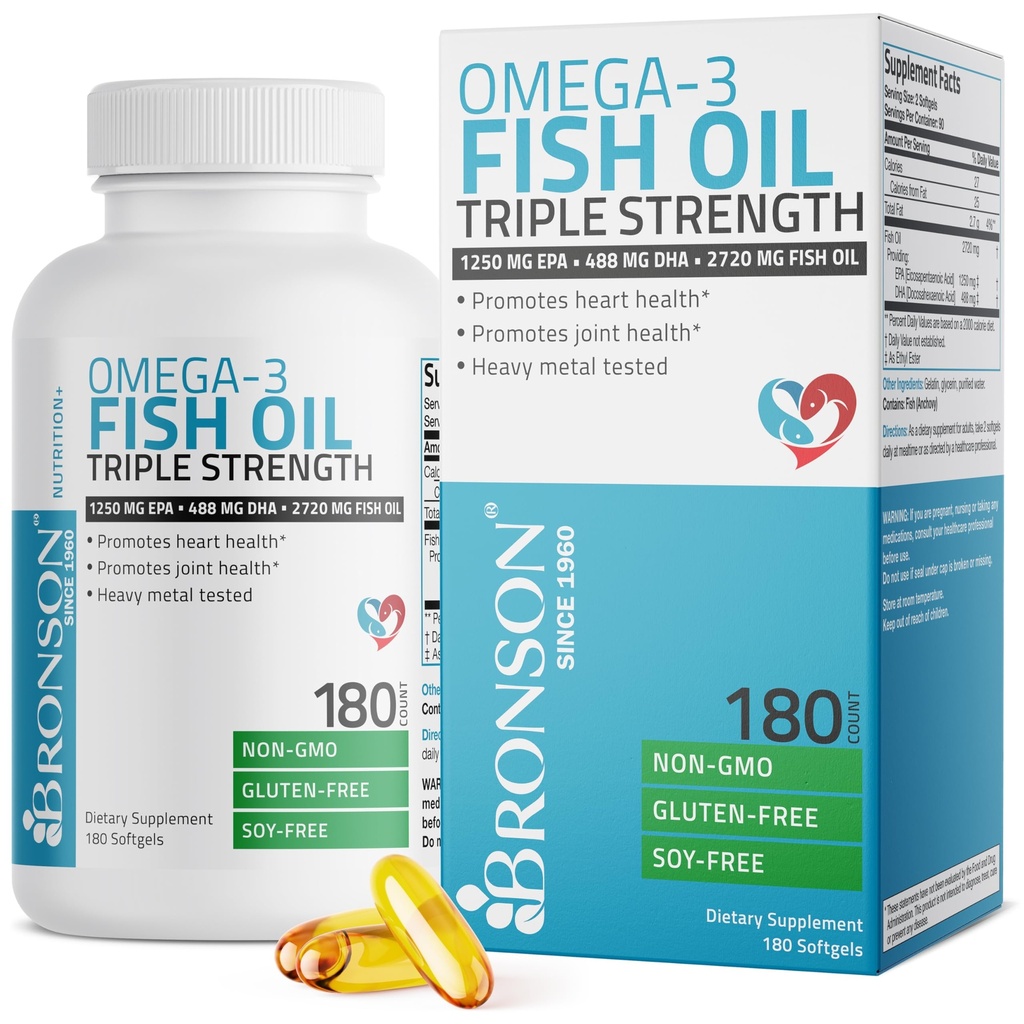 Bronson 오메가 3 물고기 기름 세겹 힘 2720 mg의 높은 EPA 1250 mg DHA 488 mg의 비 GMO 무거운 금속은, 180 Softgels 시험했습니다