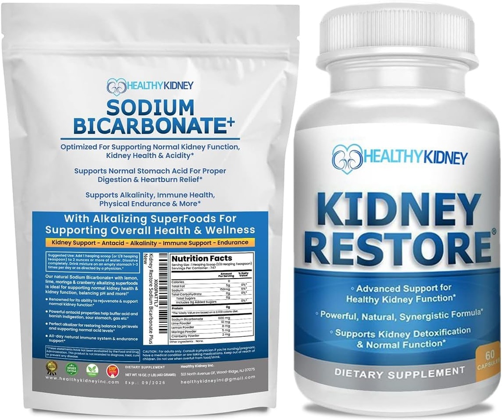 Kidney Restore Organic Sodium Bicarbonate Alkaline Supplement 1LB Cleanse 60 Caps Bundle – 지원 Kidney Health, Neutralizes Stomach Acid, Alkaline Superfoods, 면역 지원, Antacid & Vitamins f