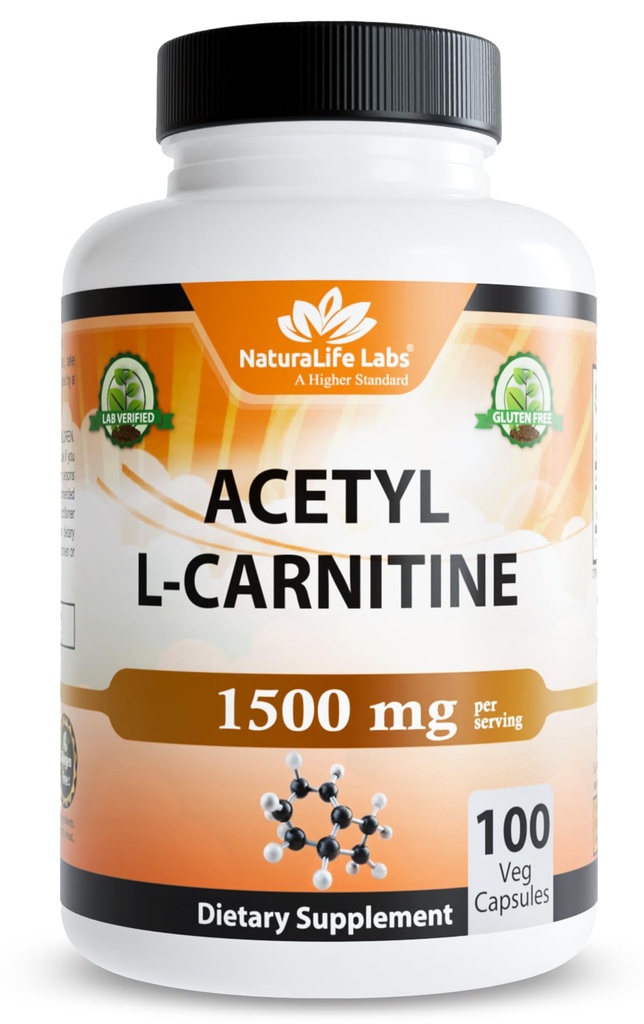 NaturaLife Labs 아세틸 L 카르니틴 (ALCAR) 1500 mg 서빙 당 – 100 캡슐 – 비 GMO, 글루텐 프리, 비건