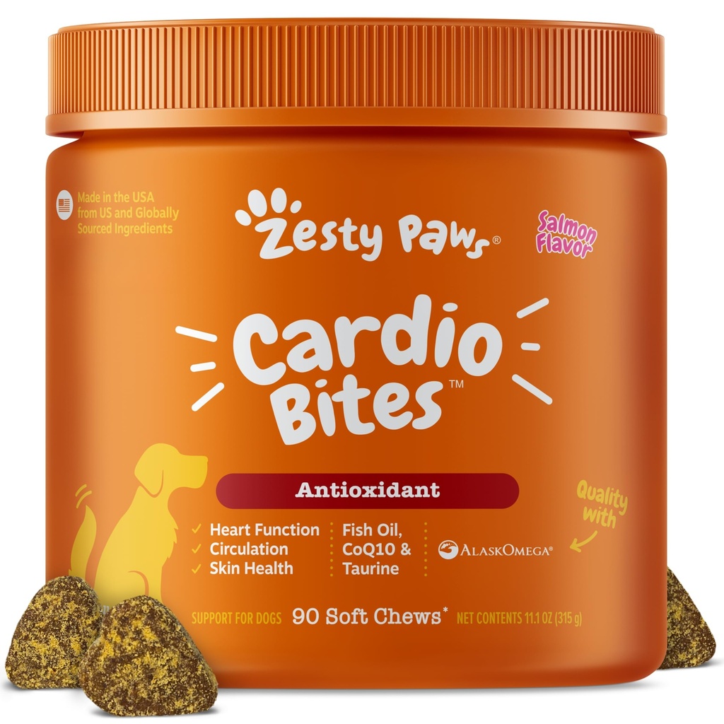 개를위한 맛있는 파스 심혈관 지원 - 개를위한 타우린 - CoQ10, L Carnitine & Sea Buckthorn - 수석 심장 건강 - AlaskOmega 물고기 오일 오메가 3 - 수석 - 살몬 - 90 카운트