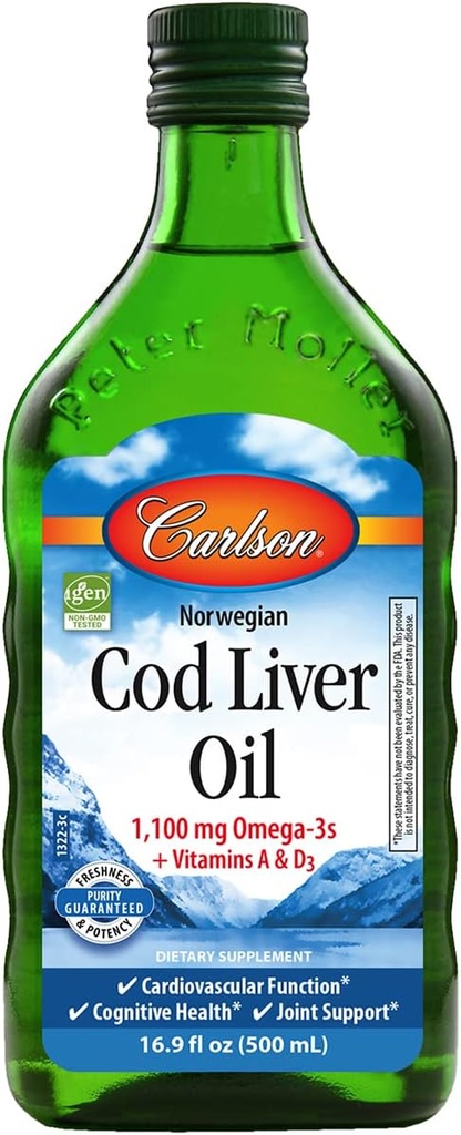 Carlson - Cod Liver Oil, 1100 mg Omega-3s + A & D3, Wild-Caught Norwegian Arctic Cod-Liver Oil, 지속 가능한 Sourced Nordic Fish Oil Liquid, Unflavored, 500 mL (16.9 Fl Oz)