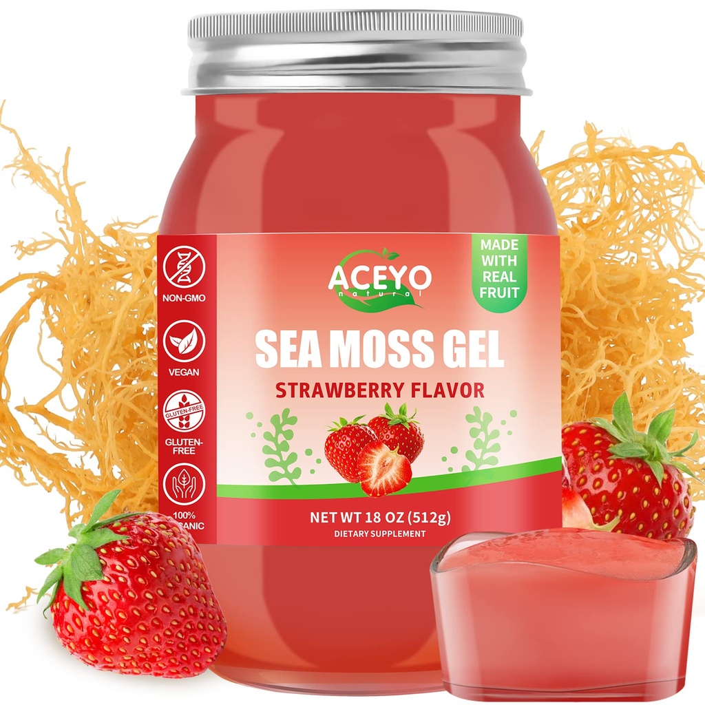 ACEYO (18 OZ) 아일랜드어 Sea Moss Gel Raw Vegan Strawberry 풍미 102 비타민과 미네랄 야생 Harvested Non-GMO Immune Defense Booster Thyroid 소화 지원