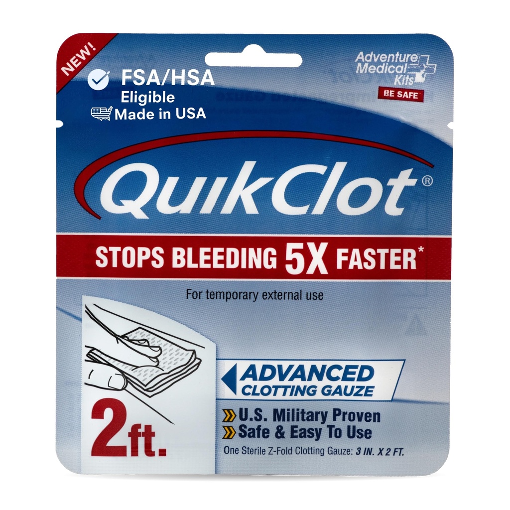 Adventure Medical Kits QuikClot Gauze - 비상 생존 또는 재난 대비 키트를위한 유연한 Hemostatic 의료 가제트 및 더 많은 - Kaolin - 3 "x 24"로 빠른 출혈 중지