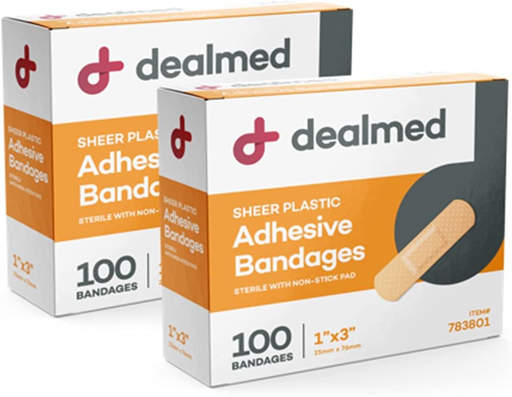 Dealmed Sheer Plastic Flexible Adhesive Bandages - 100 Count (2 Pack) Bandages with Non-Stick Pad, Latex Free, Wound Care for First Aid Kit, 1" x 3"