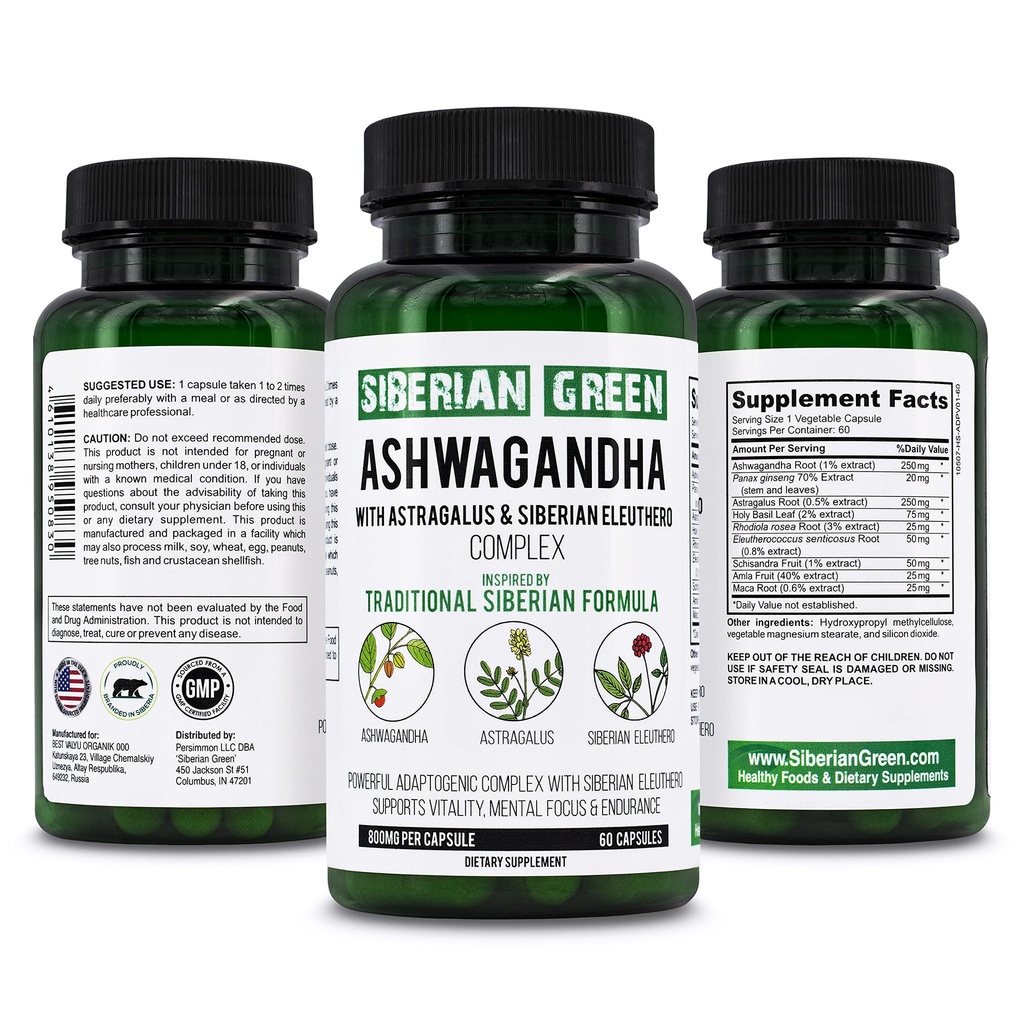 Astragalus & Siberian Eleuthero Ginseng Complex 60 캡슐 강력한 초본 지원을 가진 Siberian 녹색 유기 Ashwagandha 뿌리