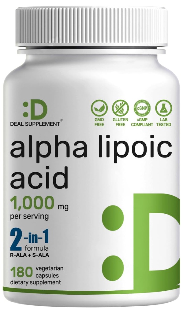 알파 Lipoic Acid 1,000mg, 180 Veggie 캡슐 - 최대 생체 이용성을위한 50 / 50 R-ALA & S-ALA - 산화 보충 - 에너지 및 신경 시스템 지원 - 비 GMO